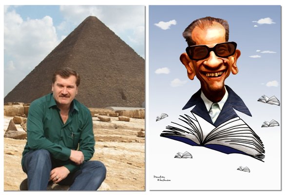 الكاريكاتيري هندرين خوشناو يعانق نجيب محفوظ في القاهرة