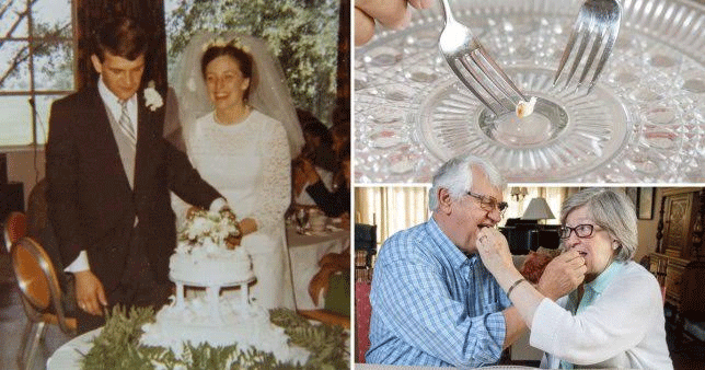 زوجان يتناولان كعكة زفافهما منذ نصف قرن